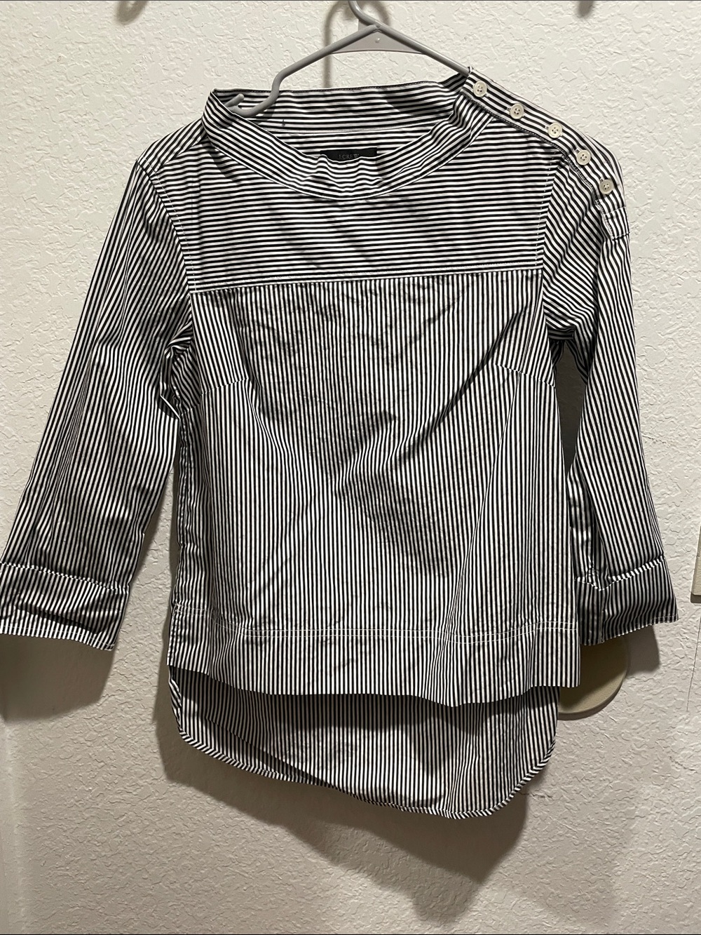 J. Crew Black and White Striped Button-Shoulder Top